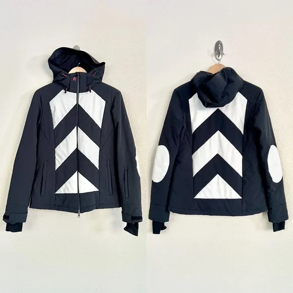 PERFECT MOMENT Chevron Hooded Quilted Ski Jacket in Black White